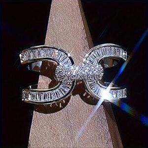 Silver and Rhinestone Baguette Geometric Statement Ring Adjustable New